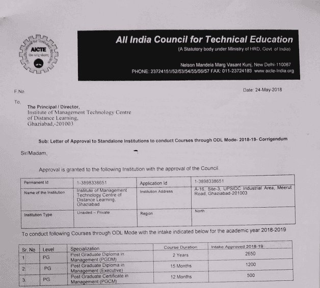 IMT Distance Learning AICTE Approval Doc